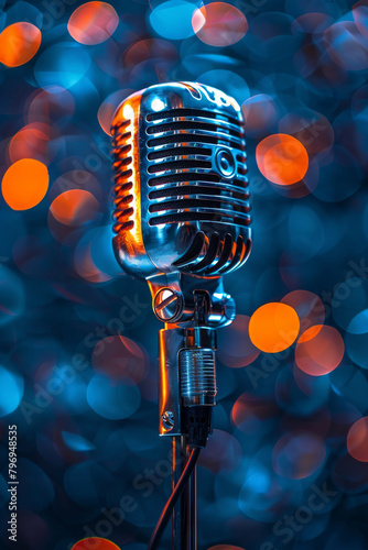 Microphone for live karaoke, concerts or stand-ups - retro microphone with a defocused abstract background
