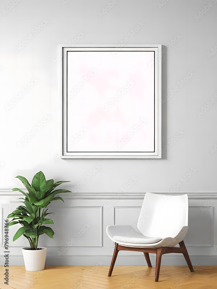 Mock up frame in white room with white chair minimal interior Mock up frame in white room with white chair minimal interior