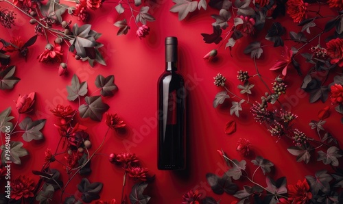 A red wine bottle around flowers © piai