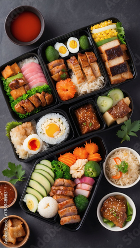 Bento box with assorted Japanese dishes, top view