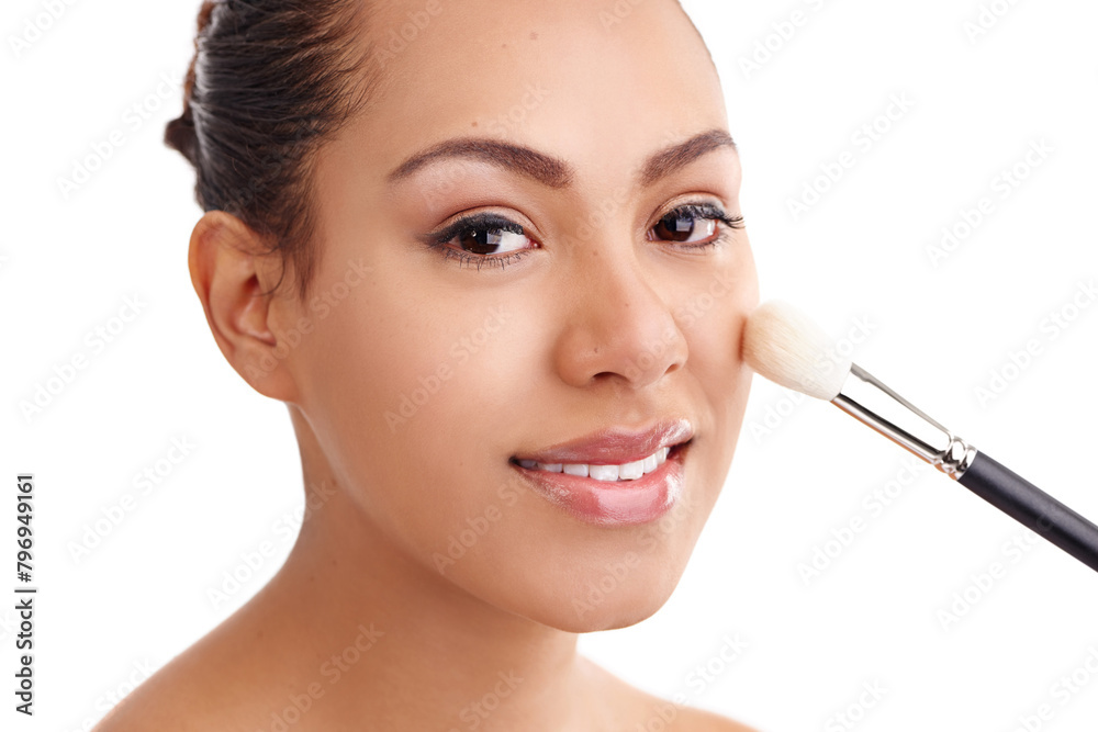 Happy woman, portrait and beauty with makeup brush, cosmetics or cosmetology on a white studio background. Face of young female person or model with smile for facial treatment, foundation or skincare
