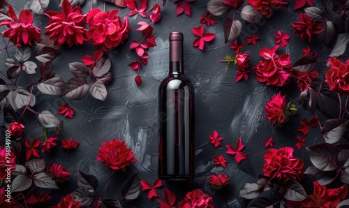 A red wine bottle around flowers