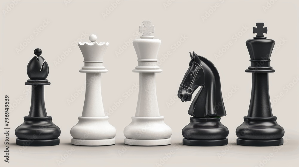 Realistic set of chess pieces including king, queen, bishop, pawn, knight, and rook, depicted in 3D vector format for a strategic board game. Realistic set of chess pieces including king, queen, bishop, pawn, knight, and rook, depicted in 3D vector format for a strategic board game.