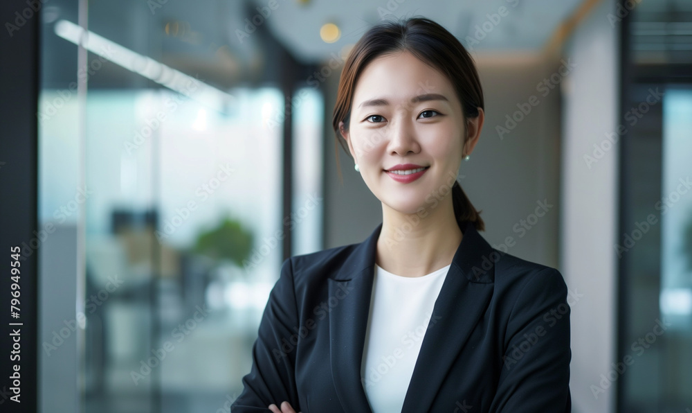 A young Korean woman, elegantly dressed, exudes confidence and professionalism. She looks at the camera with a smile, proud of her leadership position in the office environment. A young Korean woman, elegantly dressed, exudes confidence and professionalism. She looks at the camera with a smile, proud of her leadership position in the office environment.