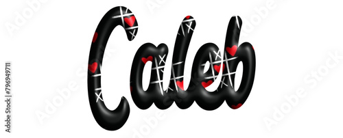 Caleb  - black color with tic tac toe game with red hearts - name - three-dimensional effect tubular writing - Vector graphics - Word for greetings, banners, card, prints, cricut,, sublimation	