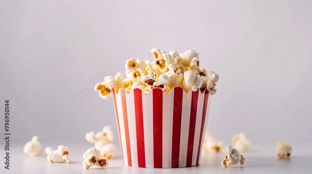 Popcorn contained within a red and white striped cardboard bucket, isolated on a white background.