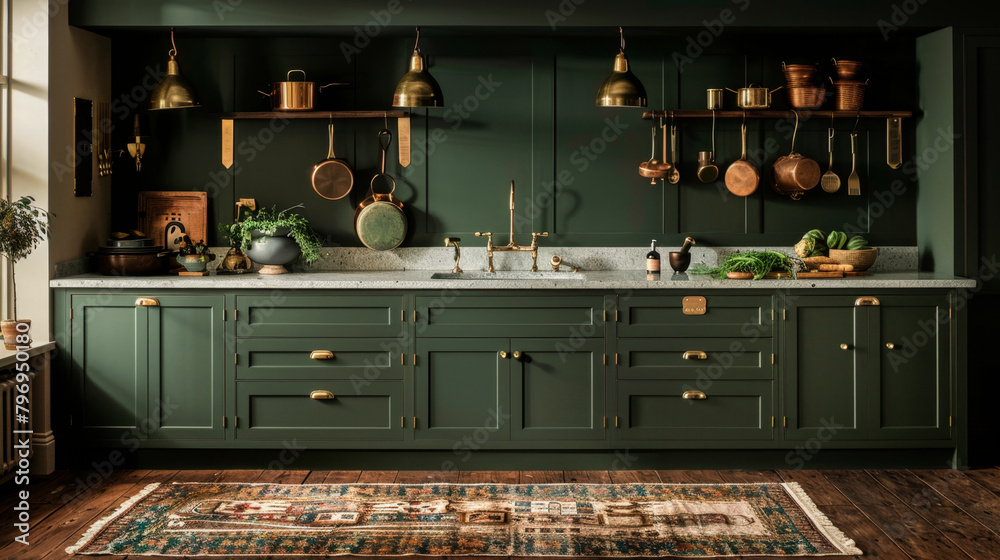 A kitchen with green cabinets and a green rug. The kitchen is well-stocked with pots and pans, and there are several potted plants in the room A kitchen with green cabinets and a green rug. The kitchen is well-stocked with pots and pans, and there are several potted plants in the room