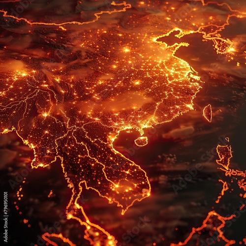 A map of East Asia at night, showing the glowing lights of the major cities. photo