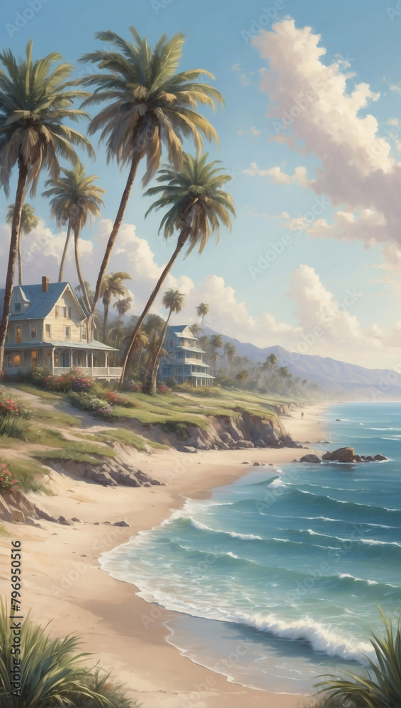 Coastal Memories, Rediscover the Charm of a Classic Ocean Beach Scene, Complete with Palm Trees and a Touch of Vintage Flare.