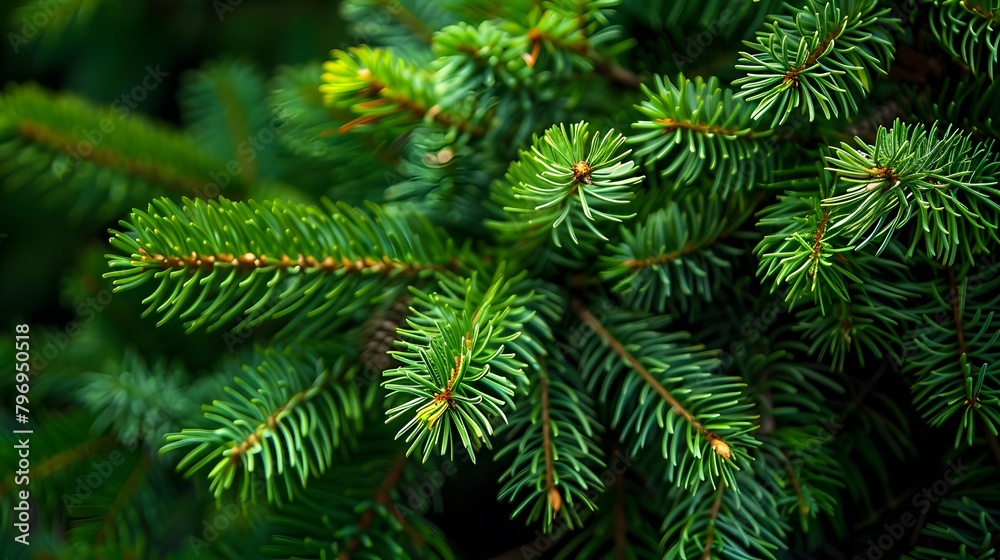 Illustration of a vibrant green pine tree up close. Christmas tree branches