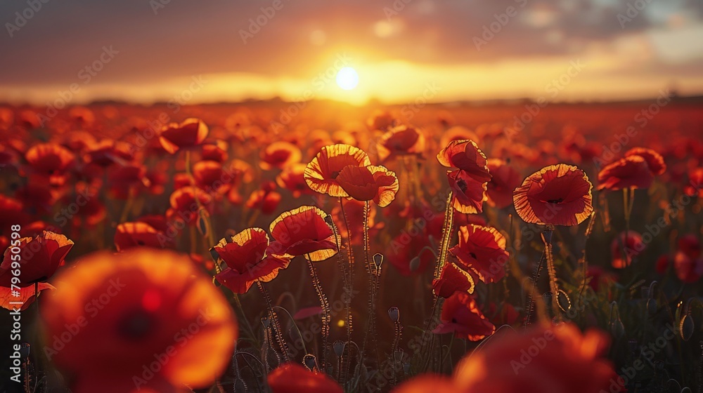 Field of Orange Flowers With Sun in Background