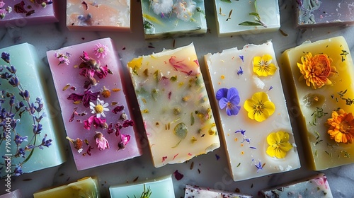 Assorted handmade soap bars with embedded flowers and herbs on marble background. Botanical skincare and artisanal products concept for design and print photo