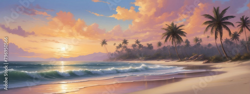 Coastal Sunset Dreams, Immerse Yourself in the Tranquil Beauty of a Sunset Beach Scene with Palm Trees Swaying in the Breeze.