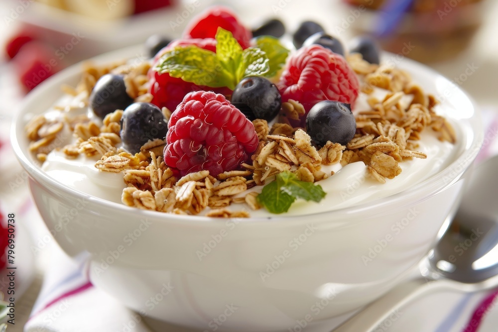 Start the day with a balanced morning snack of acai, strawberries, blackberries, muesli, seeds, and pouring condensed milk over cornflakes on a healthful table. Start the day with a balanced morning snack of acai, strawberries, blackberries, muesli, seeds, and pouring condensed milk over cornflakes on a healthful table.