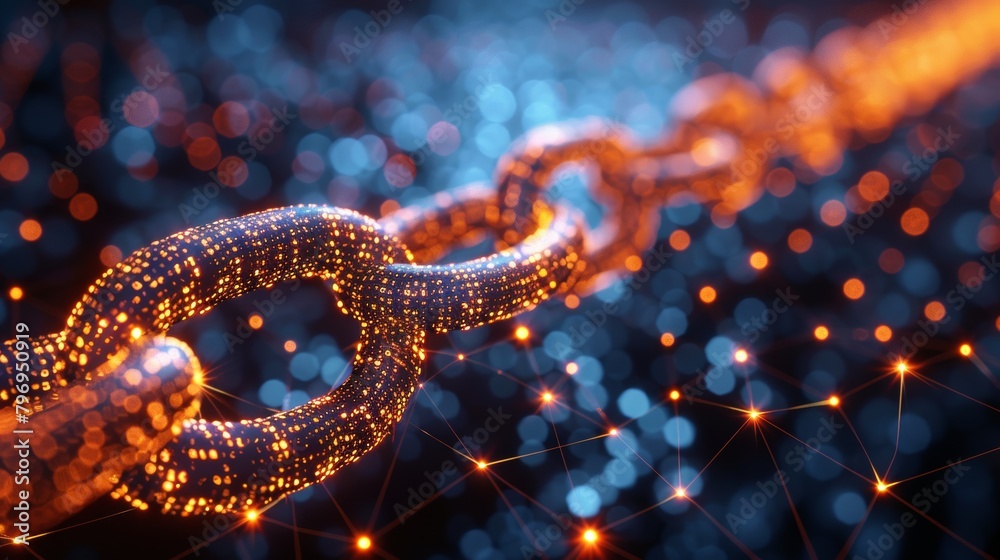 Close-up of a digital blockchain represented by a glowing chain link on a dynamic tech background Close-up of a digital blockchain represented by a glowing chain link on a dynamic tech background