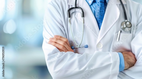 Doctor with crossed arms wearing a lab coat and stethoscope. Healthcare and medical professionalism concept for website and brochure design photo