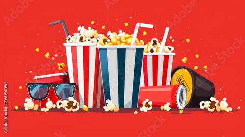 Template for a movie poster featuring elements such as popcorn, soda takeaway, 3D cinema glasses, and tickets, designed in a flat style for cinema-themed design. Presented as a vector illustration. photo