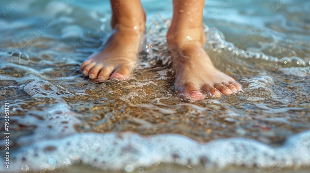 Bare feet in sea water on the beach. Holiday and relaxation concept for travel and leisure design