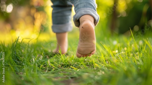 Child's bare feet walking on green grass. Outdoor nature photography with copy space. Childhood and exploration concept