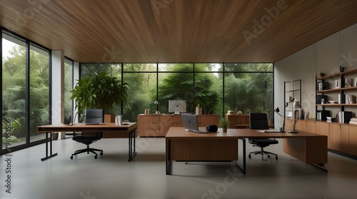 A serene office space with stylish desks wooden ceiling .Generative AI © ourhome