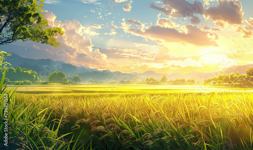 A picturesque sunset casting a warm glow over a tranquil field with a stream. Generate AI