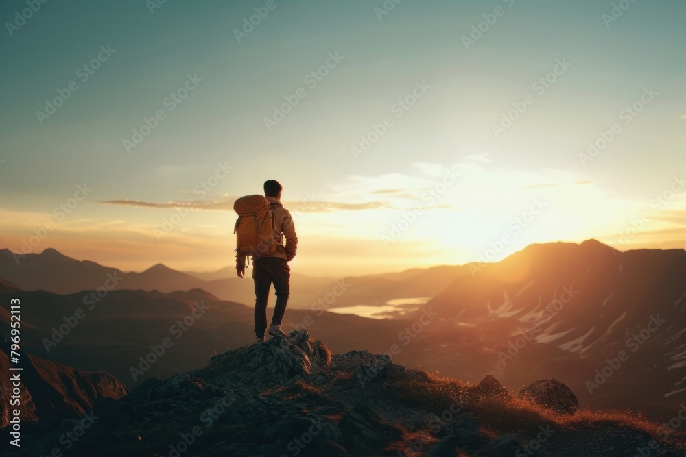 Man hiking adventure standing backpack