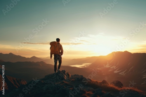 Man hiking adventure standing backpack