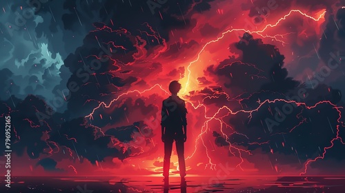 Raging Storm , Person standing in a storm, lightning illuminating an enraged face photo