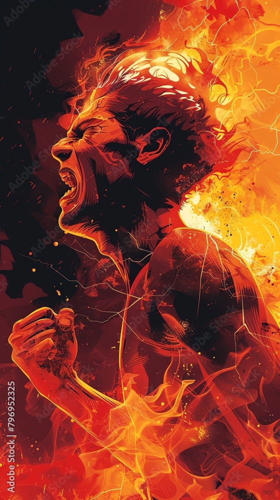 Fototapeta premium Wrath , Angry figure with clenched fists, background blazing in fiery red