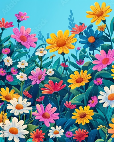 A field of flowers with a blue background.