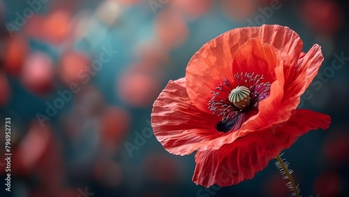 Symbolizing Remembrance Day and honor: Red poppy flower on solemn background. Concept Remembrance Day, Red Poppy, Honor and Respect, Memorial Tributes, Remembrance Symbolism