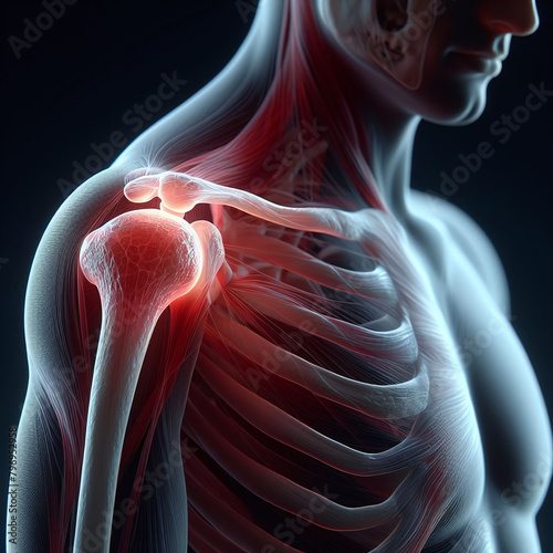 Detailed illustration of human shoulder anatomy, displaying bones and muscles, ideal for medical education.