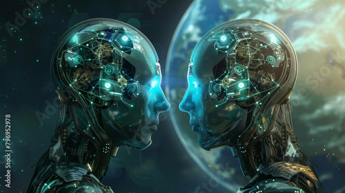 Two robot heads with blue eyes and green bodies. The robots' heads look at each other. Technology concept.