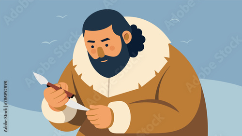 An Inuit man carefully sharpens a knife made out of whalebone a tool he uses to delicately trim his beard and eyebrows in a practice that dates back.