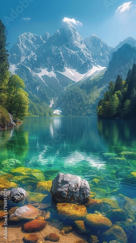 Tree-lined Lake With Mountain Background