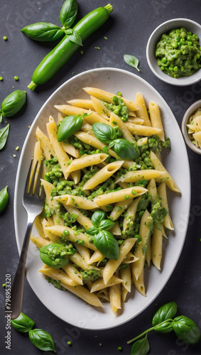 Delicious penne pasta with pesto, zucchini, peas, and basil. Top-down.