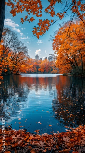 Autumn Lake Surrounded by Trees With Orange Leaves