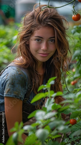 Young Woman Picking Tomatoes in Garden