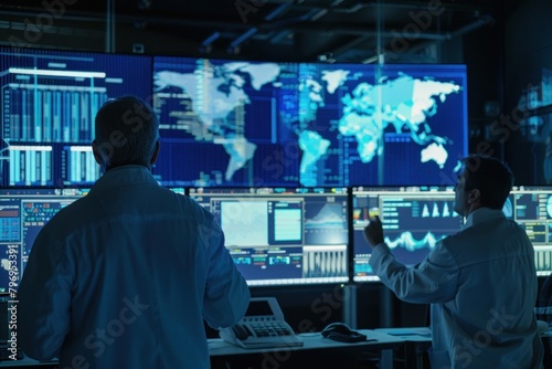 Two male scientists analyzing data on multiple screens in a dark monitoring room.
