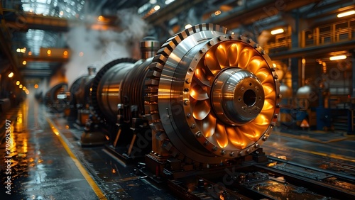 How a Steam Turbine Generates Power at an Industrial Plant through Rotating Blades. Concept Steam Turbine, Power Generation, Industrial Plant, Rotating Blades, Energy Conversion