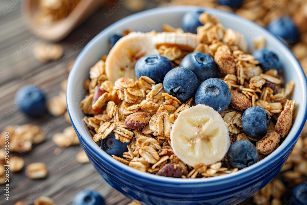 Morning snack setup on a table featuring a balanced mix of acai, strawberries, blackberries, muesli, seeds, and pouring condensed milk over cornflakes for health. Morning snack setup on a table featuring a balanced mix of acai, strawberries, blackberries, muesli, seeds, and pouring condensed milk over cornflakes for health.
