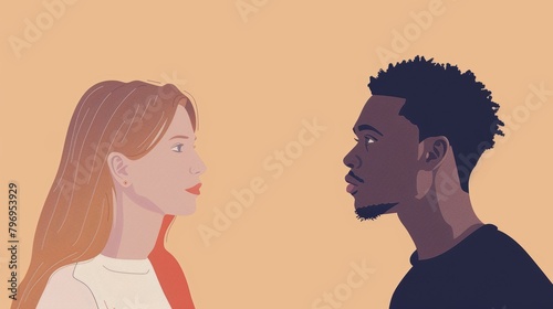 Silhouette of a man and woman facing each other. Conceptual artwork for relationships, diversity, and cultural dialogue