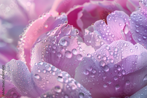 A close-up shot of a dew-covered pink peony  capturing its velvety petals in stunning detail.