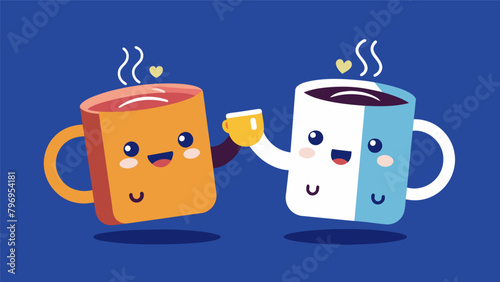 The familiar clang of two mugs meeting a brief pause before friends clink their coffee cups in a toast to their deep conversation.. Vector illustration