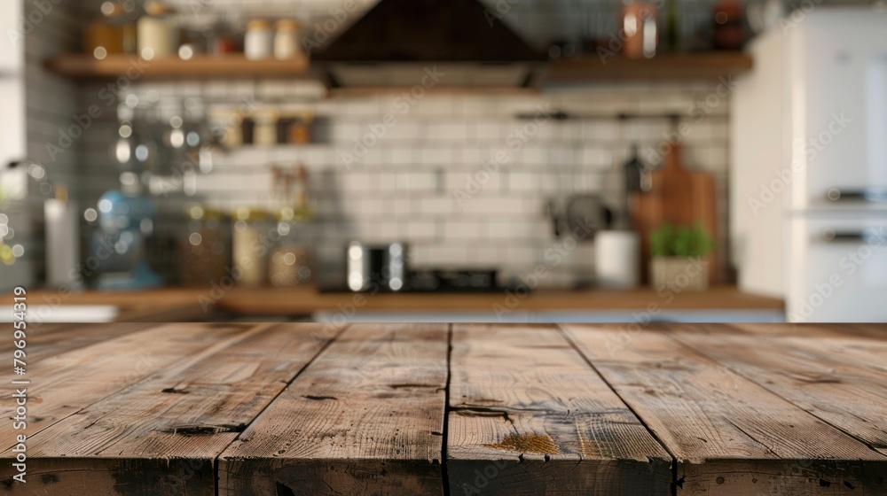Wooden table top with a modern kitchen background in soft focus Wooden table top with a modern kitchen background in soft focus