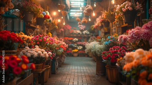 Exotic Blooms in a Serene Indoor Market, generative ai