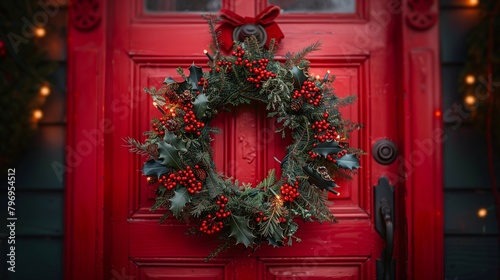 Golden Hour Yule Wreath on Red Door, generative ai
