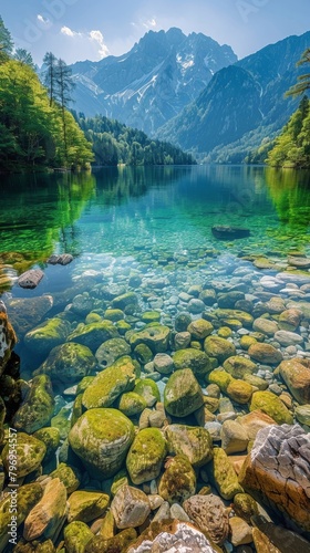 Tree-lined Lake With Mountain Background