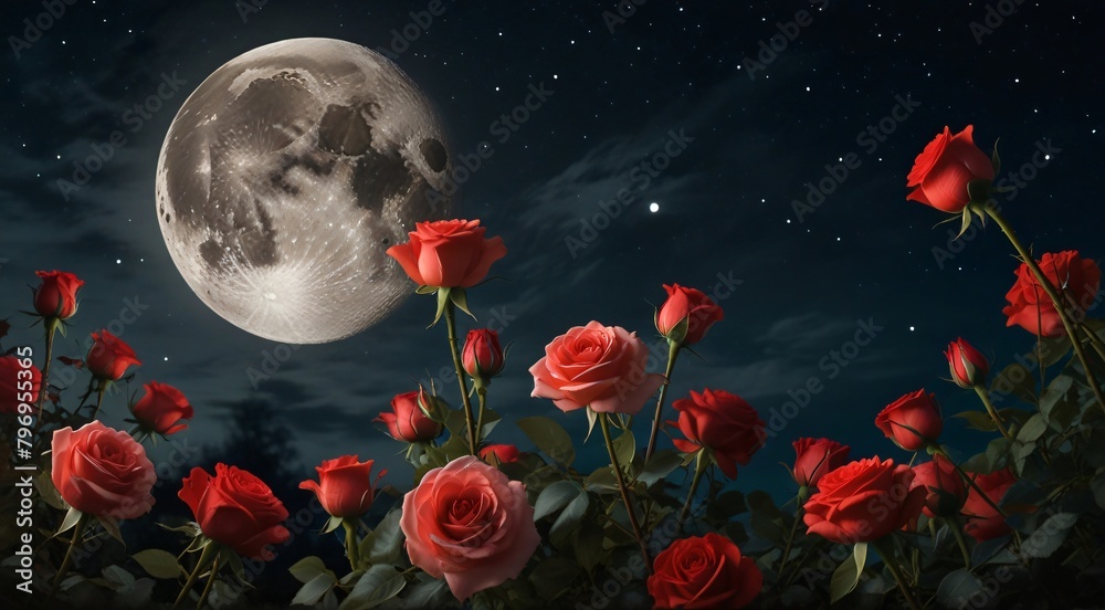 painting of roses and a crescent with a full moon in the background painting of roses and a crescent with a full moon in the background