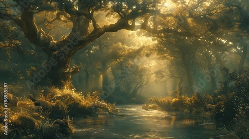 Mystical Creatures in Enchanted Forest Glen, generative ai © Matus
